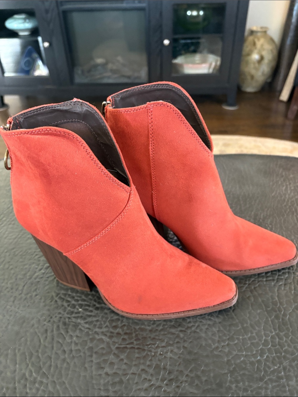 Qupid Burnt Orange Suede Pointed Ankle Booties with Stacked Wood Heel